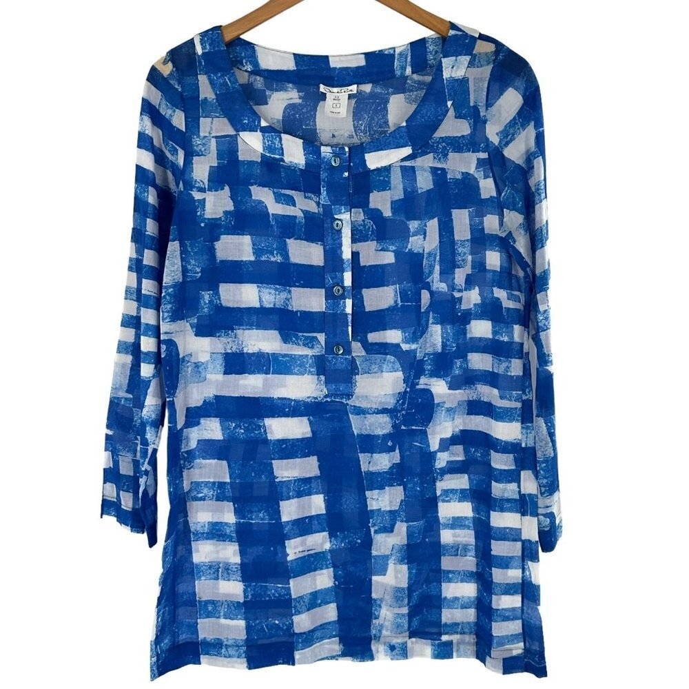 Oscar de la Renta Blue White Block Print Cotton Voile Tunic Top Size S